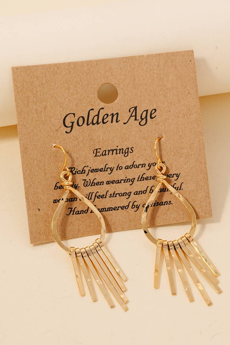 Hammered Tear Bar Fringe Dangle Earrings