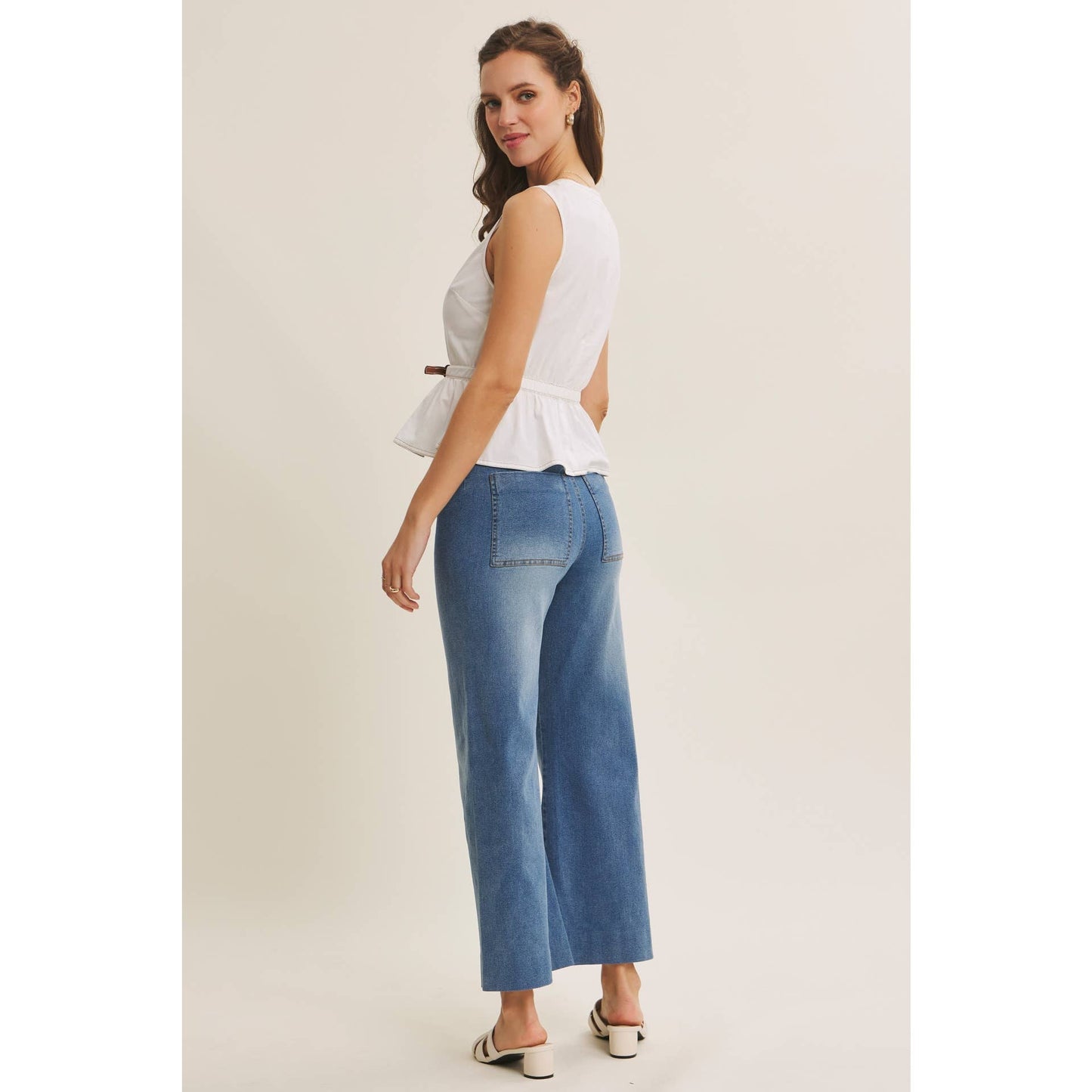 Belted Cotton Top with Contrast Stitching