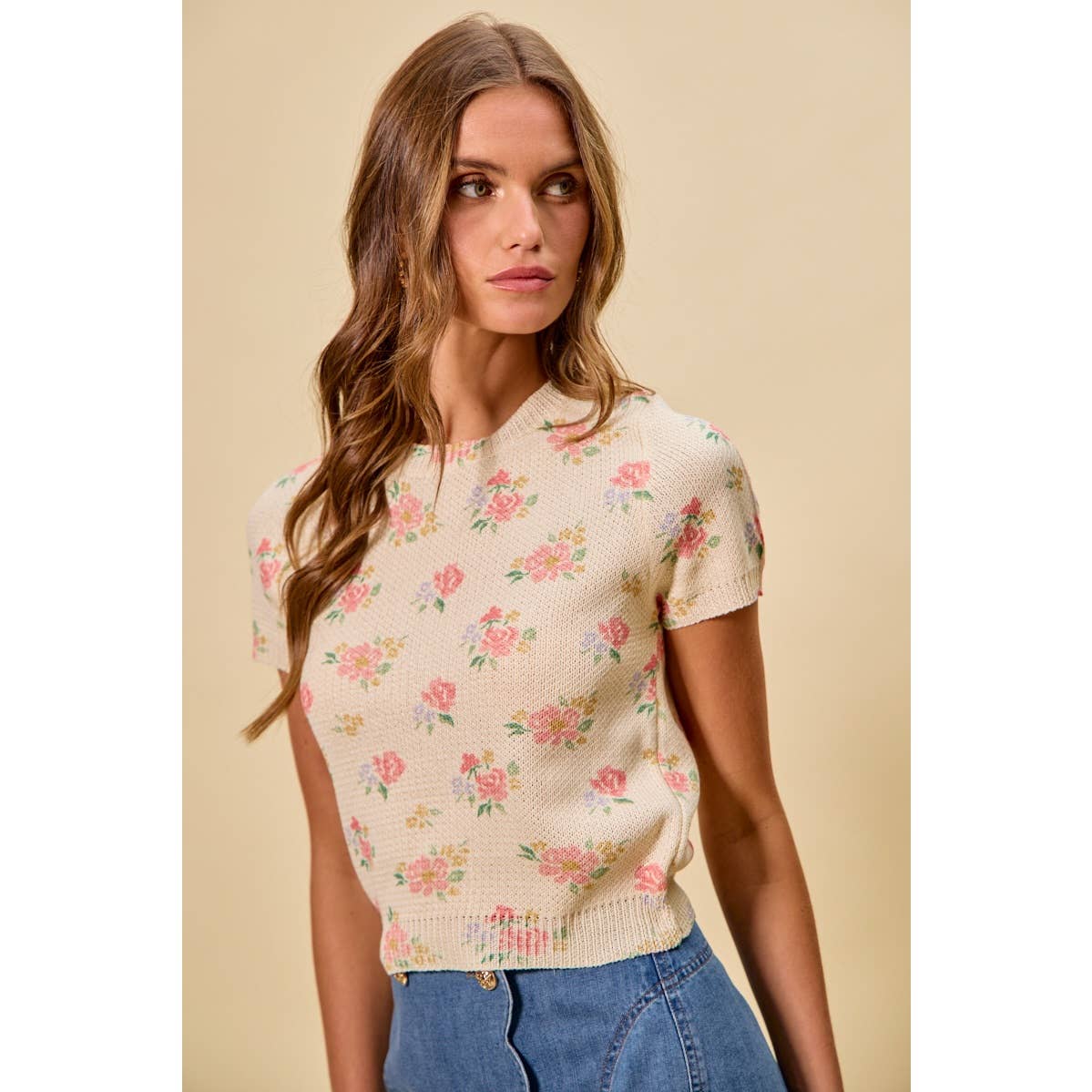 Floral Print Short Sleeve Sweater