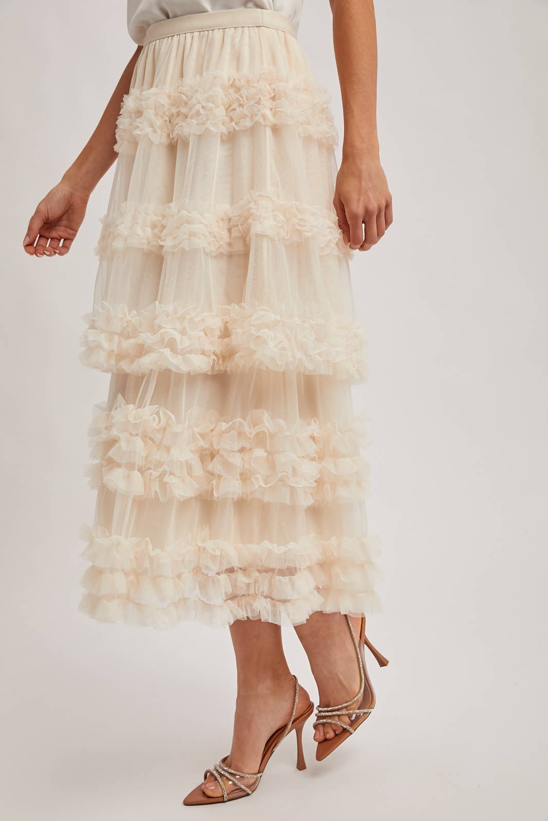 ROMANTIC RUFFLE TIERED TULLE MIDI SKIRT