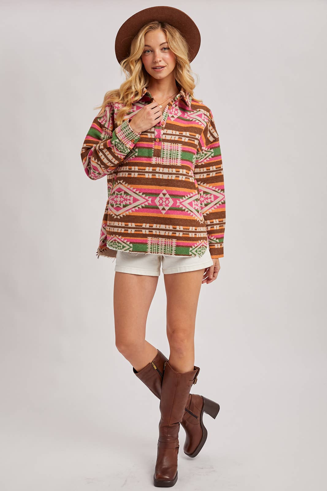 WESTERN GEOMETRIC PRINT HALF-BUTTON DOWN SHACKET PULLOVER
