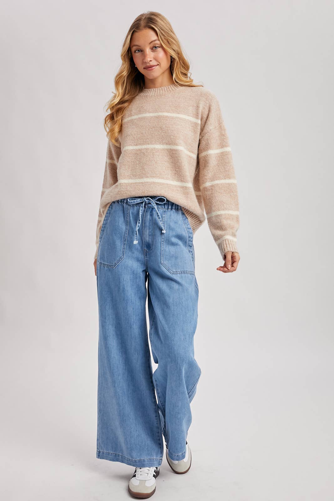 STRIPED FUZZY KNIT SWEATER