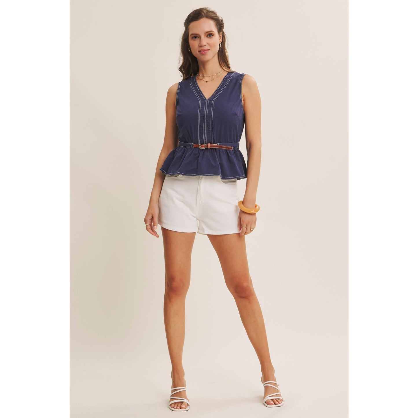 Belted Cotton Top with Contrast Stitching