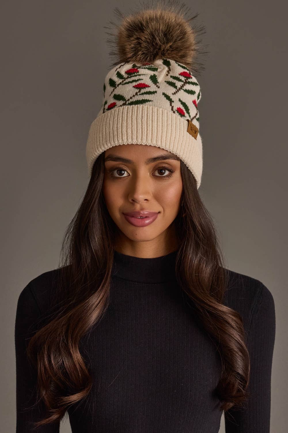Cream Floral Pattern Knit Pom Hat