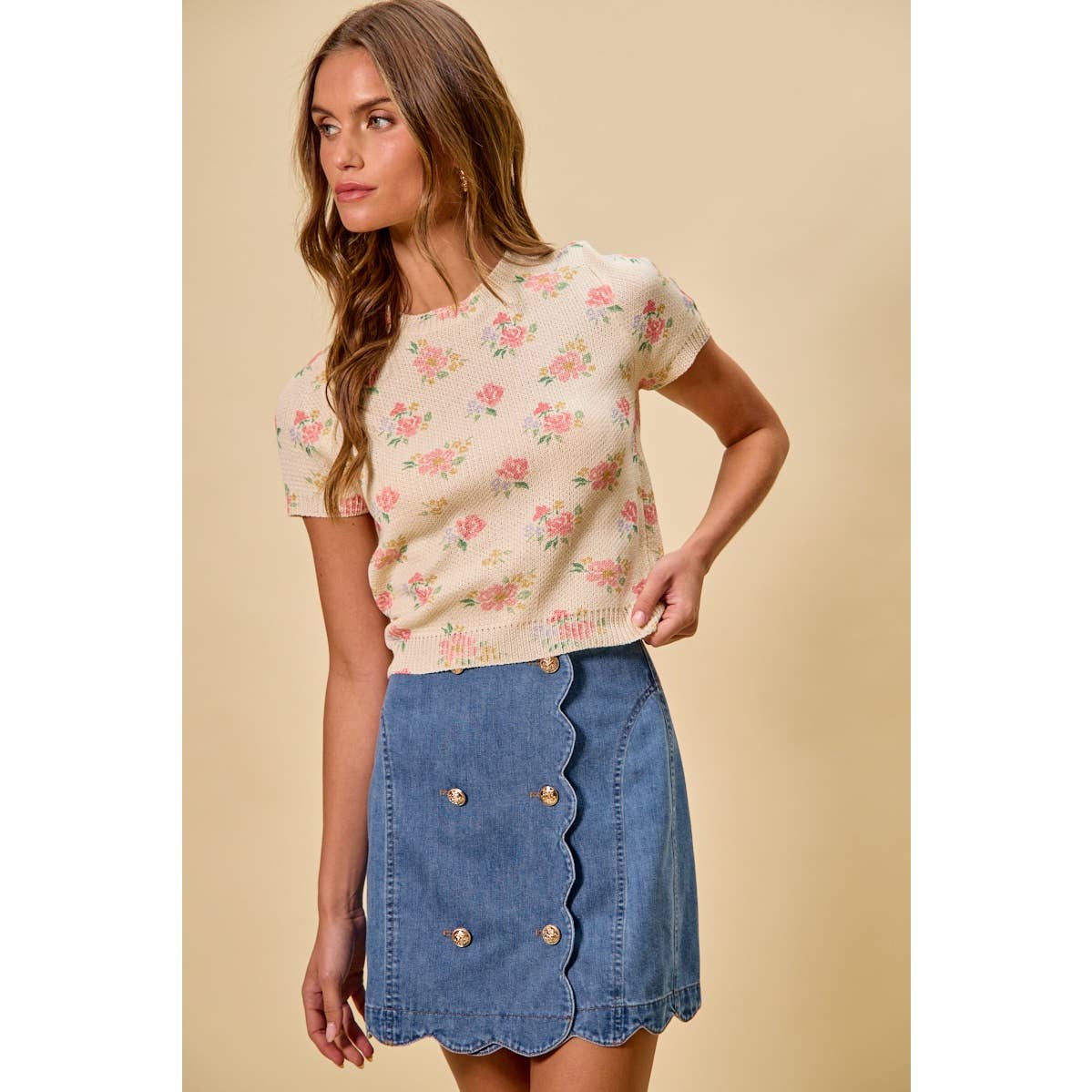 Floral Print Short Sleeve Sweater