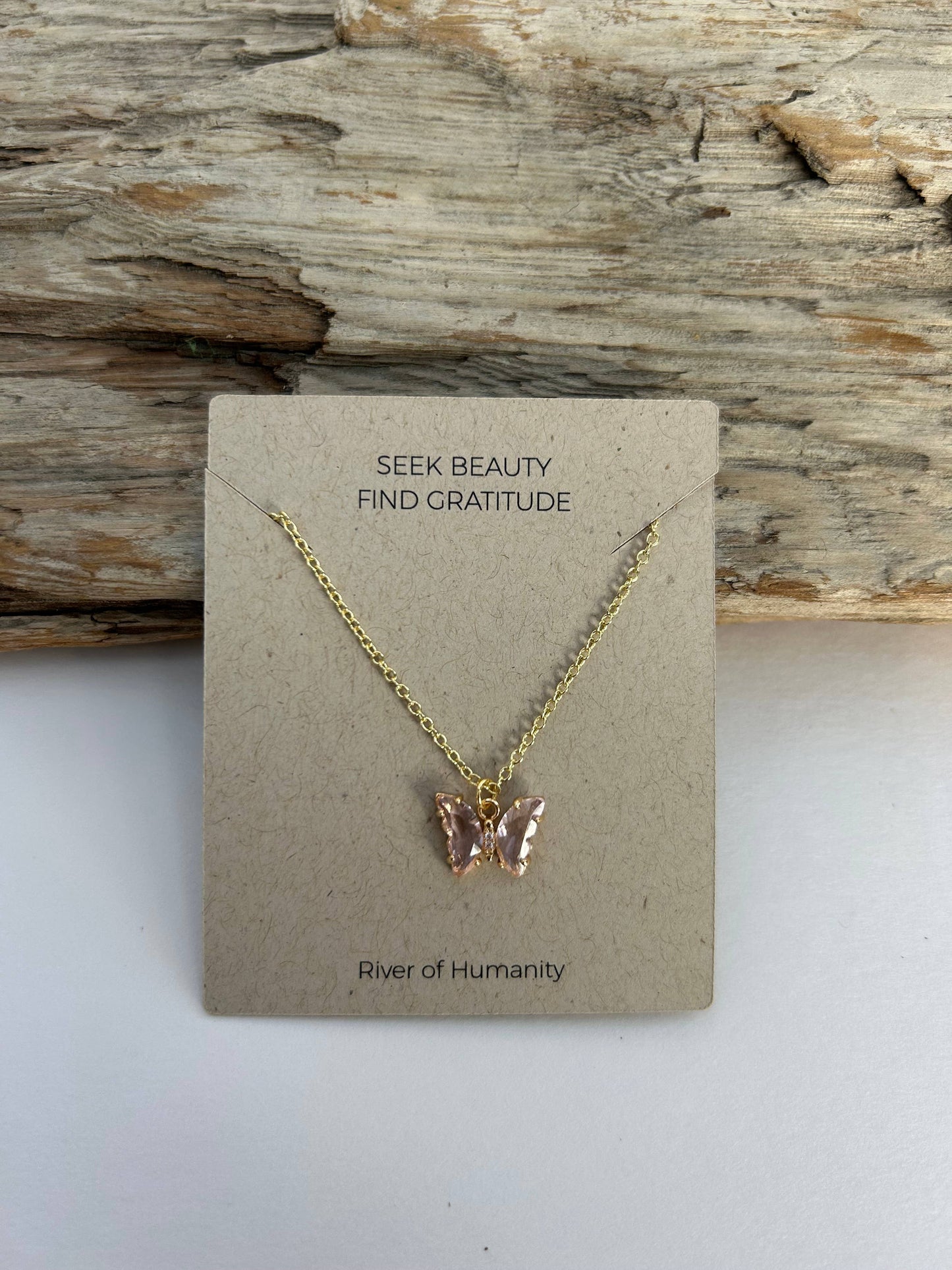 Light Pink Glass Butterfly Necklace 