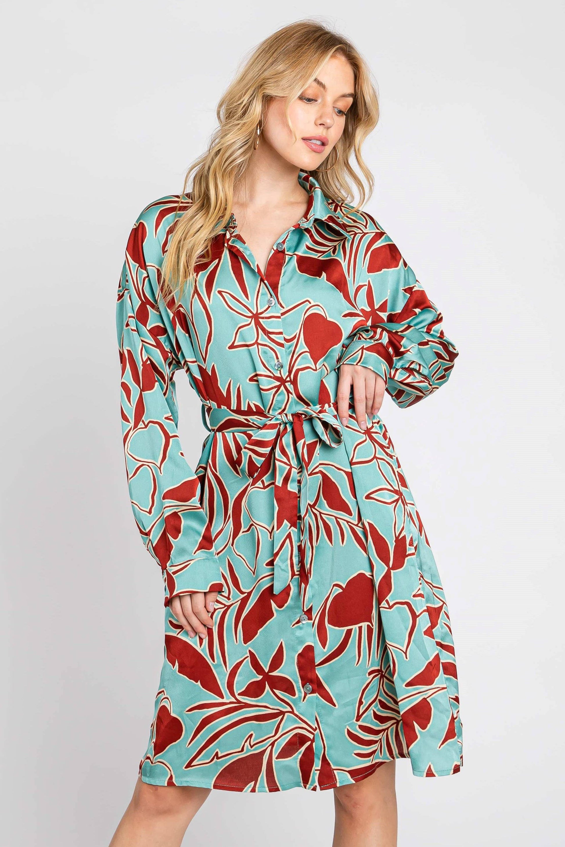 printed satin shirt dress Keep It Classified Satin Printed Shirt Dress - Cream/combo