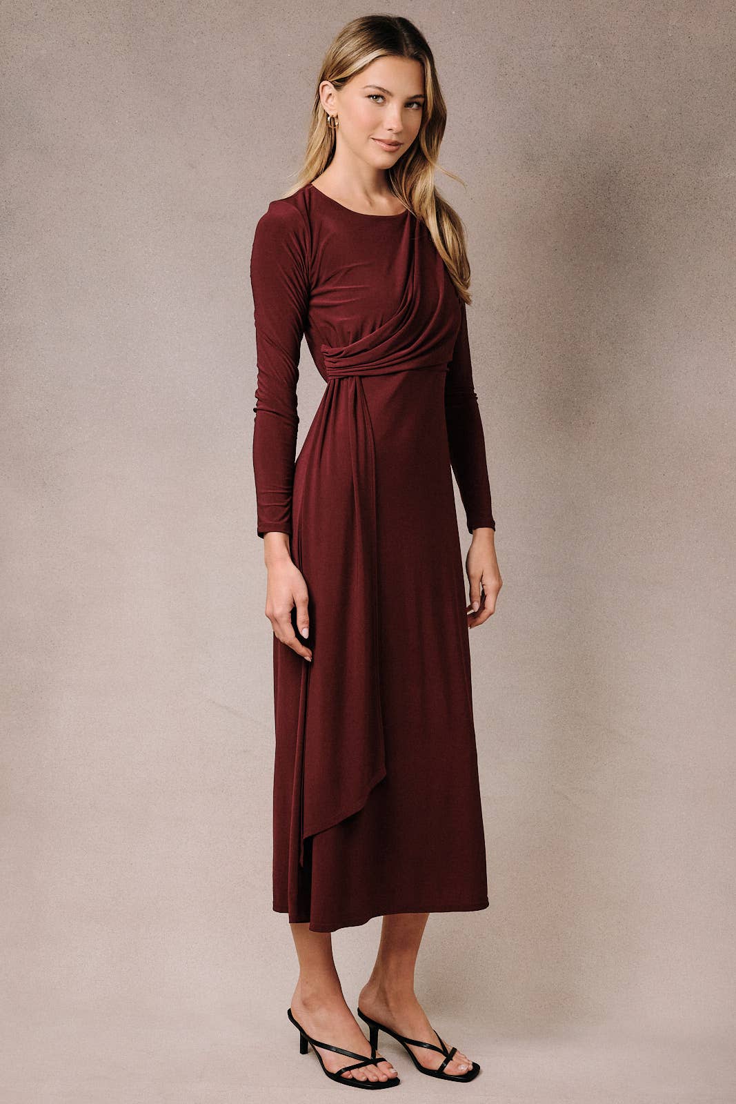 Burgundy Draped Midi Dress