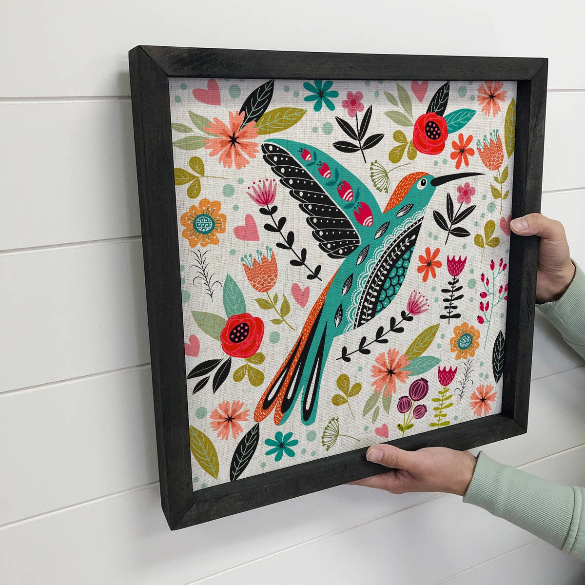 Folk Hummingbird Wood Framed Art