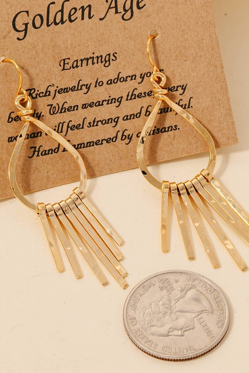 Hammered Tear Bar Fringe Dangle Earrings