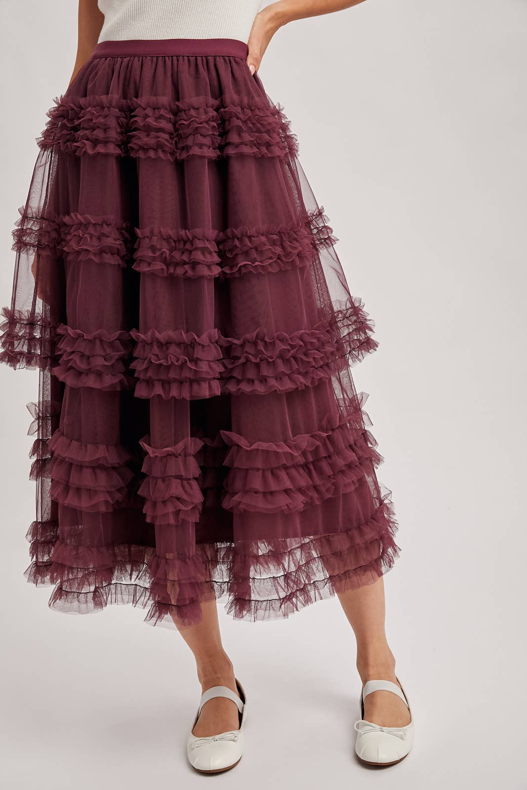 ROMANTIC RUFFLE TIERED TULLE MIDI SKIRT