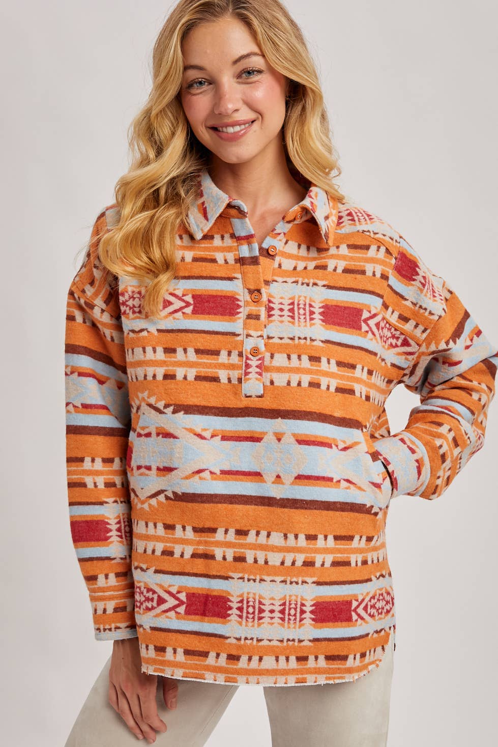 WESTERN GEOMETRIC PRINT HALF-BUTTON DOWN SHACKET PULLOVER