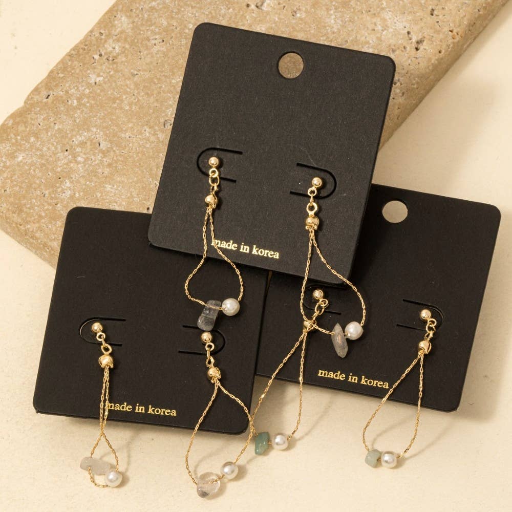 Chip Stone And Pearl Beads Chain Dangle Earrings