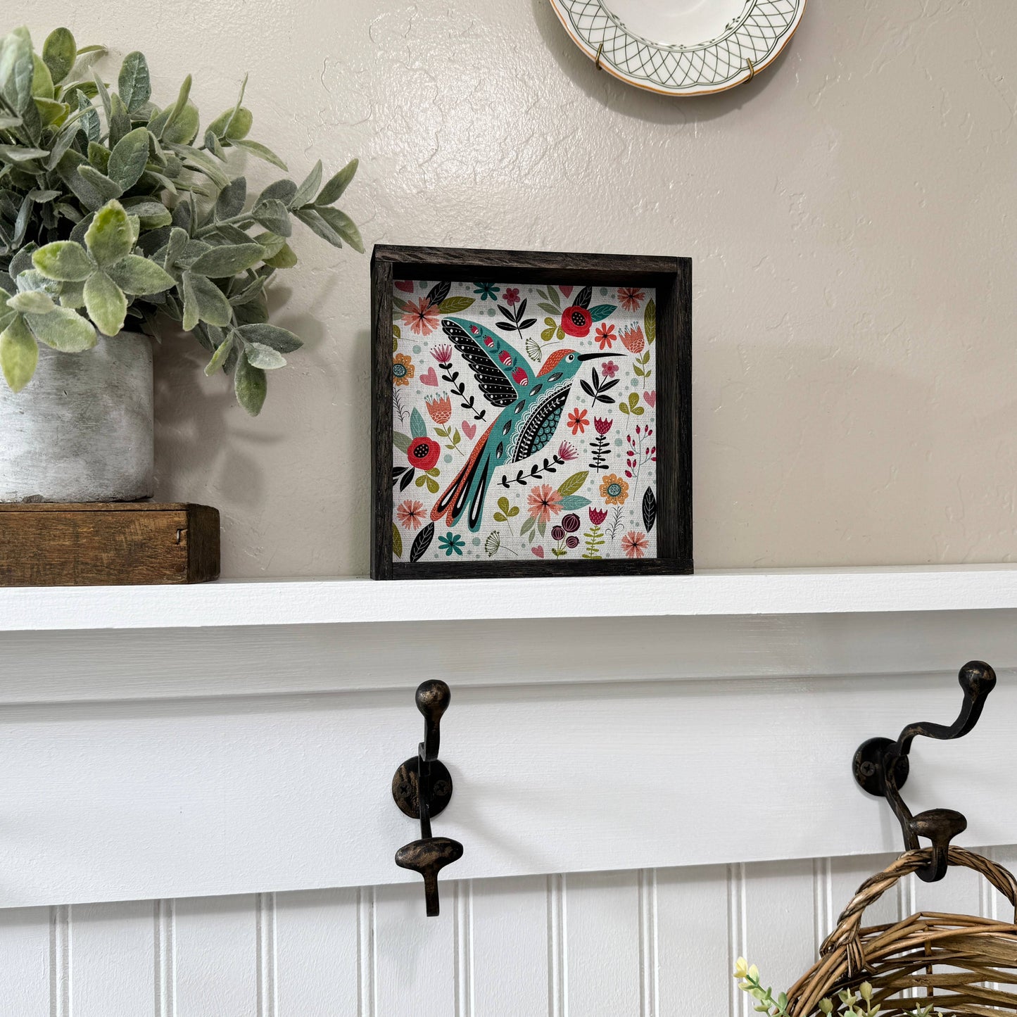 Folk Hummingbird Wood Framed Art