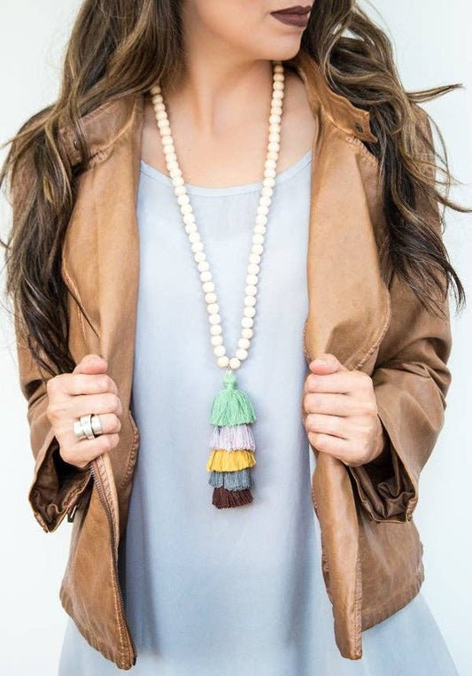 Wood Bead Tassel Necklace