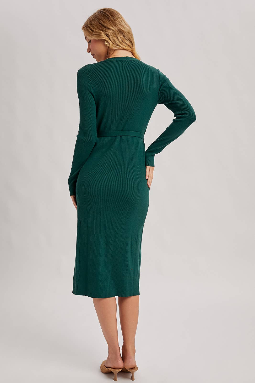 Ribbed Knit V-Neck Wrapped Midi Dress