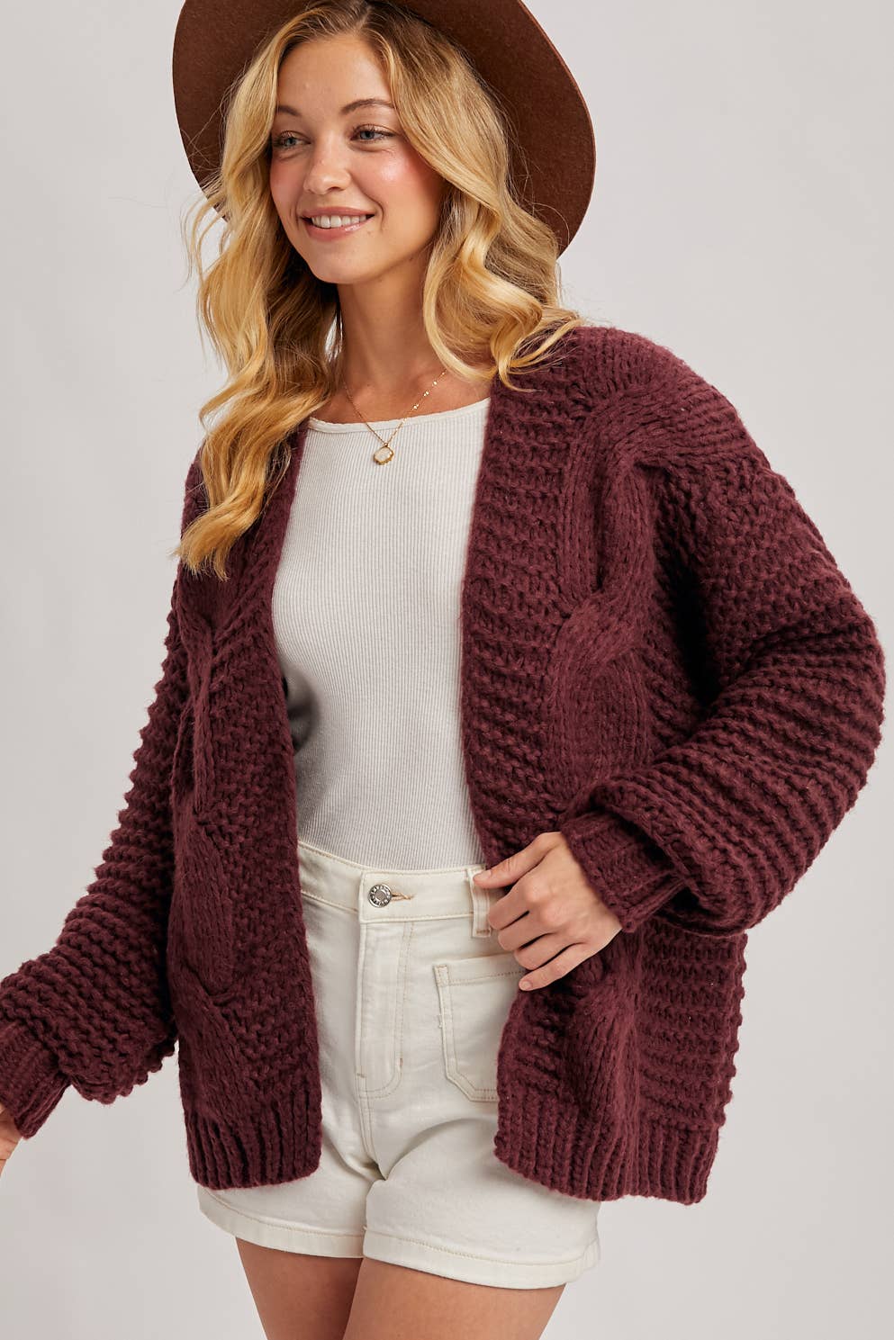 Merlot Cable Knit Cardigan