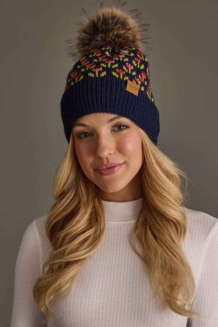 Navy Floral Pattern Knit Pom Hat