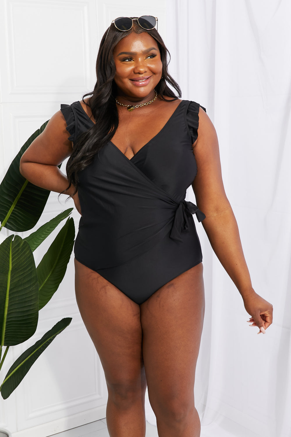 Marina West Swim Full Size Float On Ruffle Faux Wrap One-Piece in Black