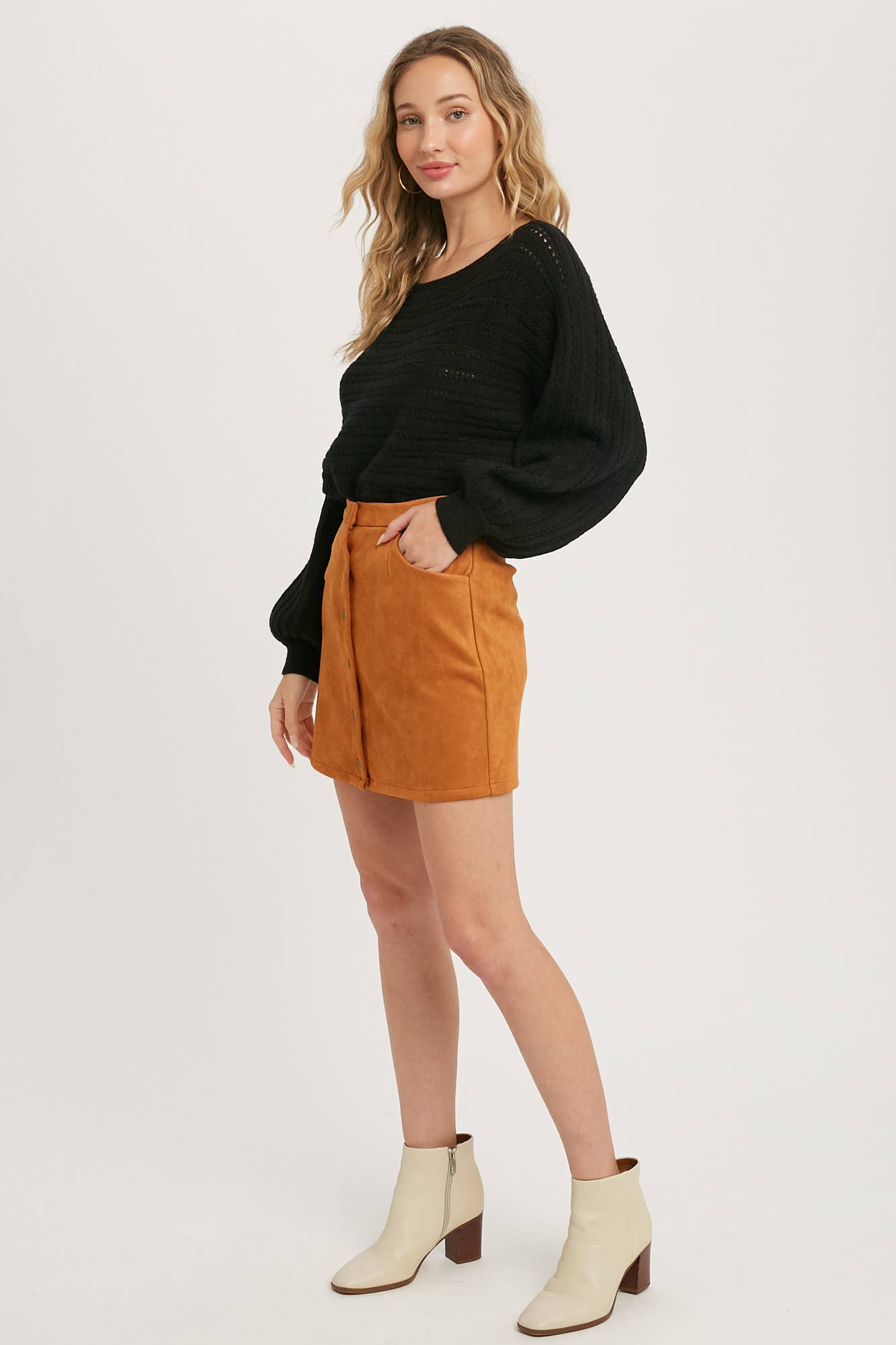 Button-Up Suede Mini Skirt