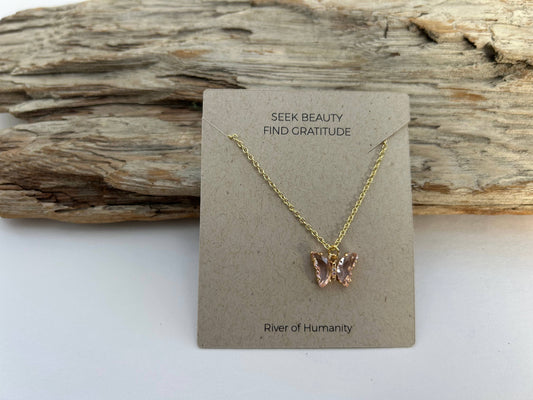Light Pink Glass Butterfly Necklace 