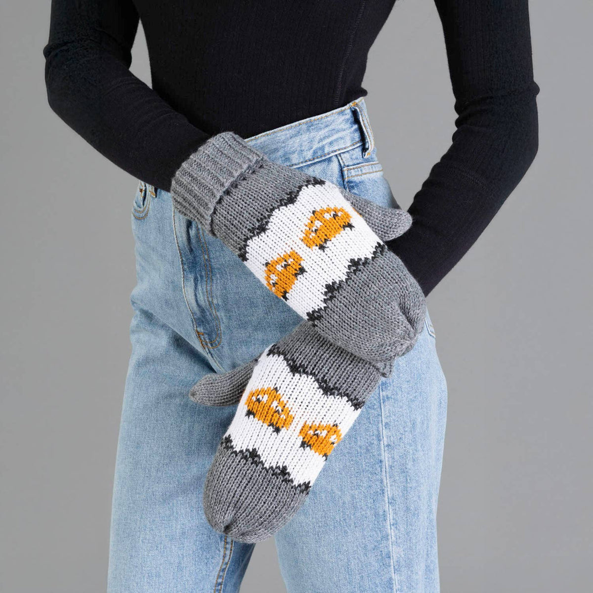 Gray with Orange Fox Pattern Knit Mittens