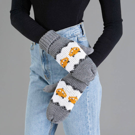 Gray with Orange Fox Pattern Knit Mittens