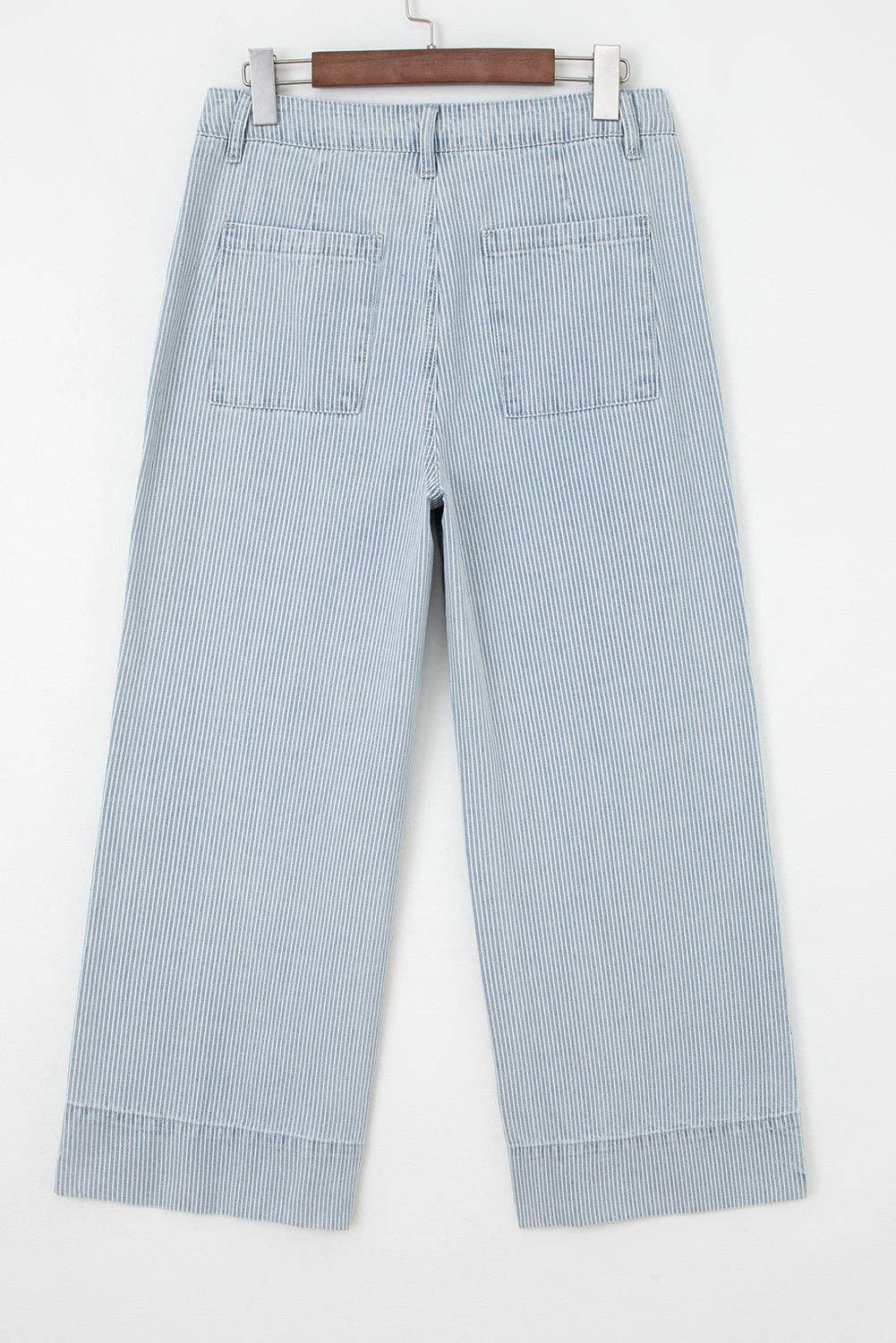 Sky Blue Stripe Cuffed Hem Wide Leg Jeans