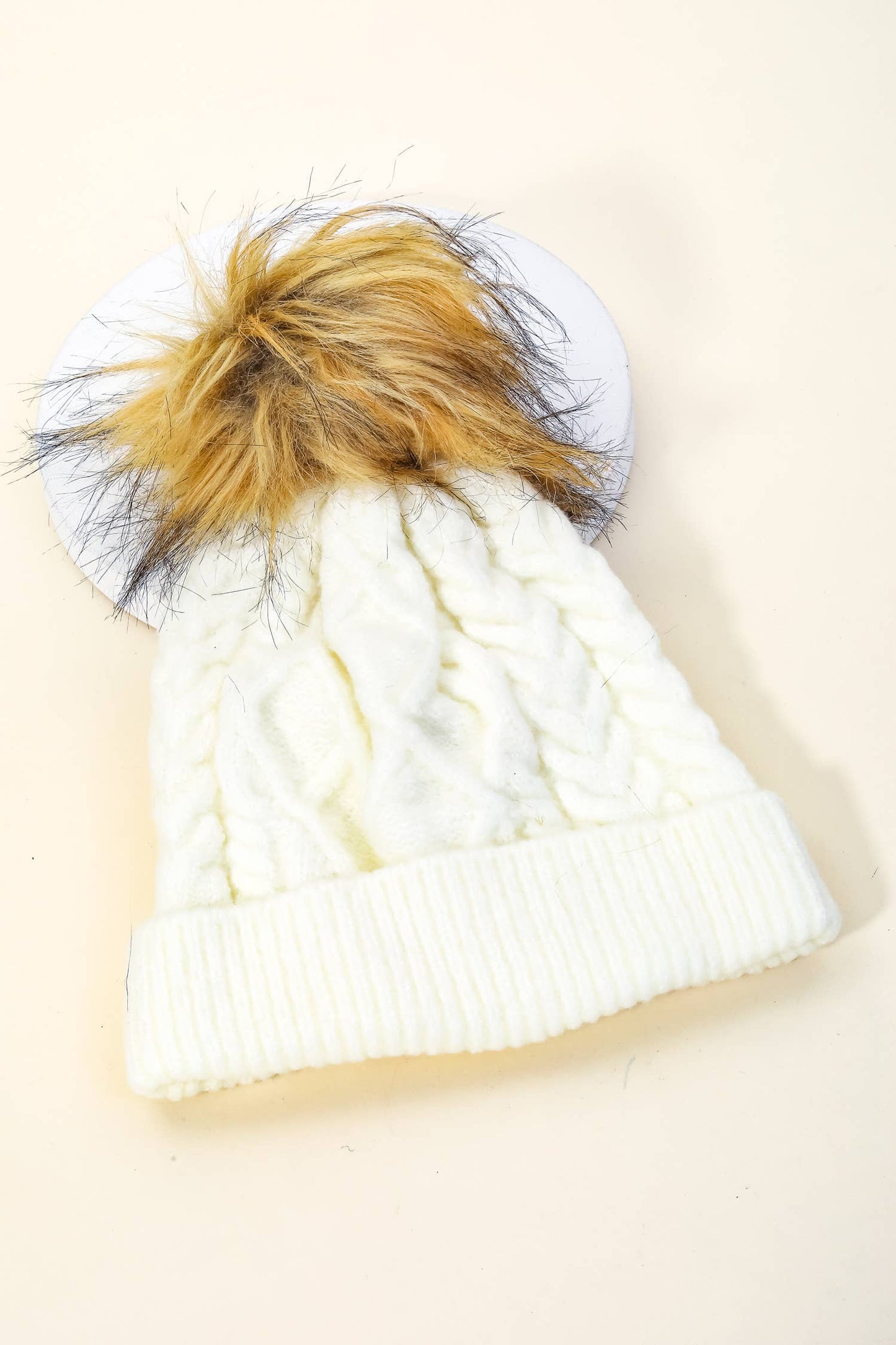 Cable Knit Fuzzy Pom Beanie