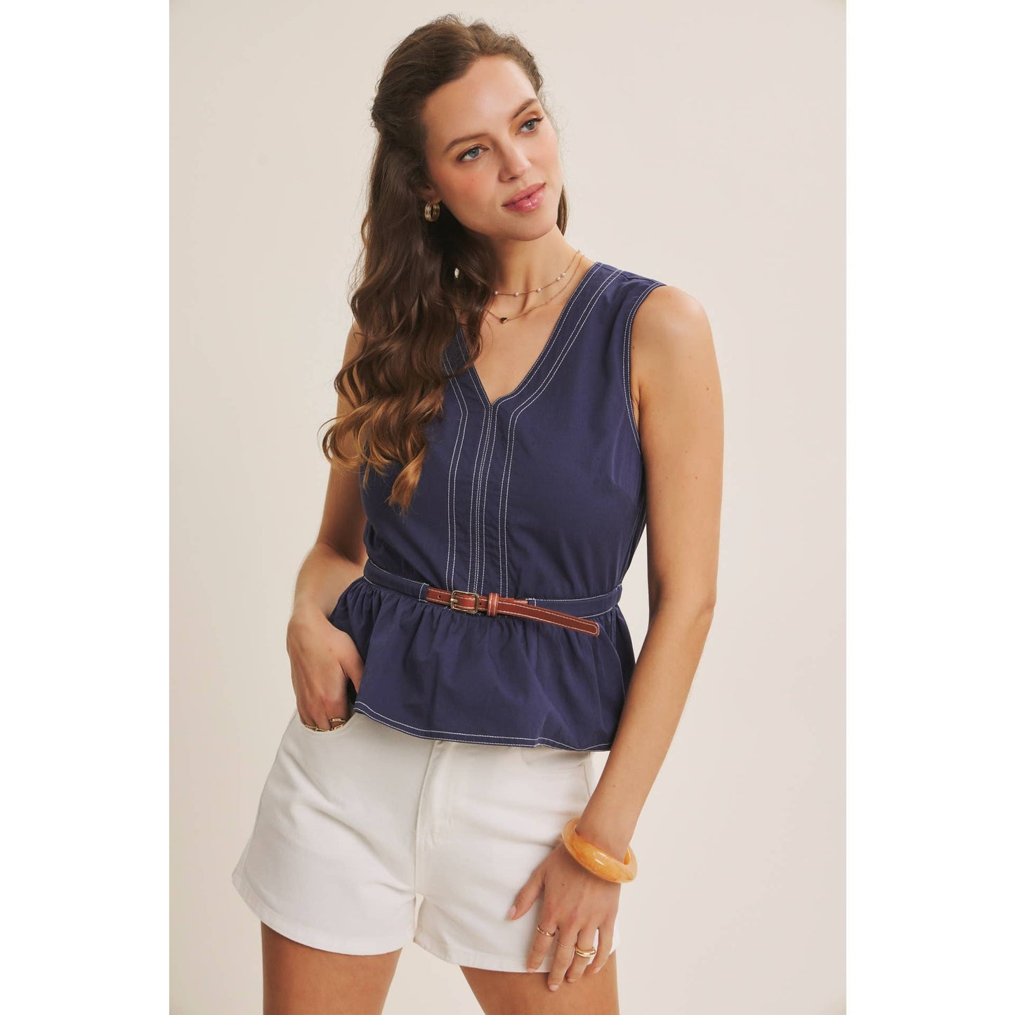 Belted Cotton Top with Contrast Stitching