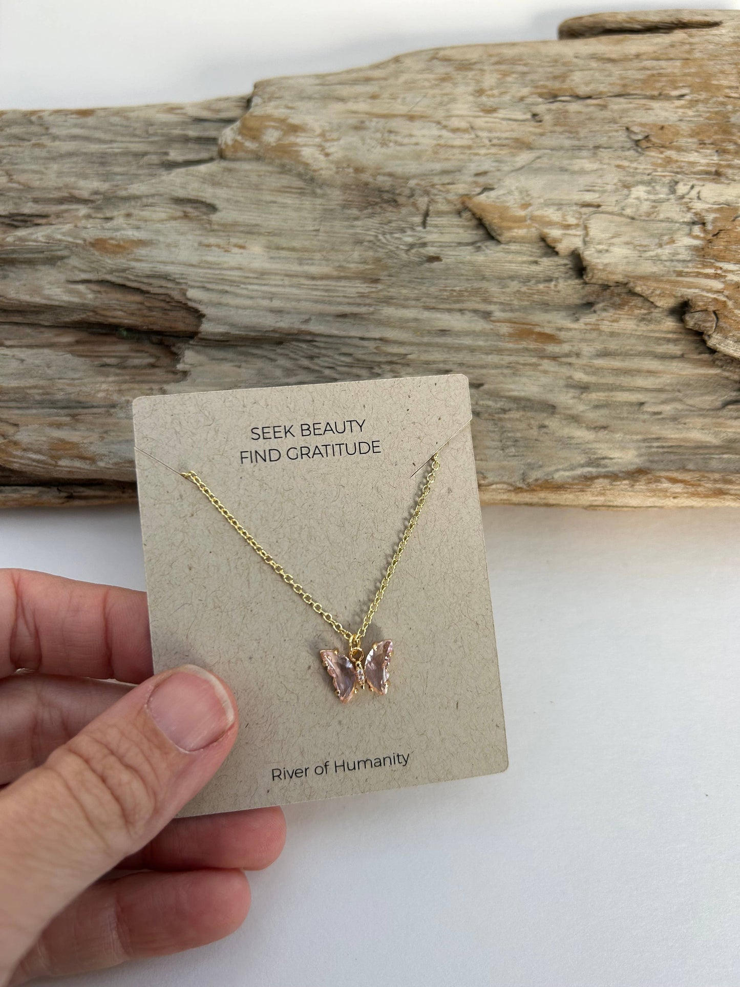 Light Pink Glass Butterfly Necklace 