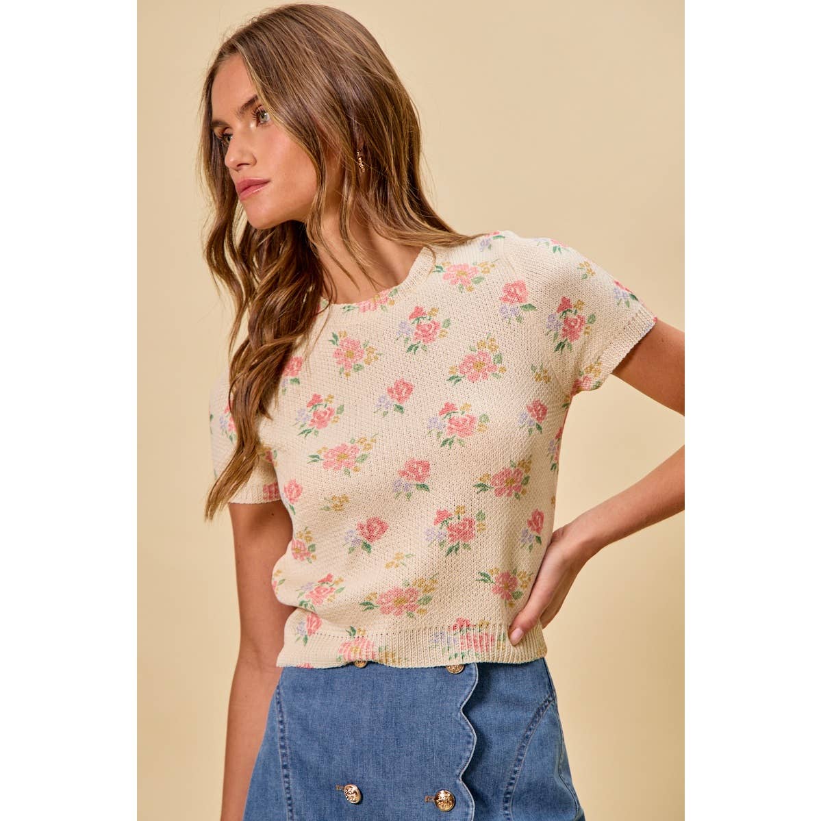 Floral Print Short Sleeve Sweater
