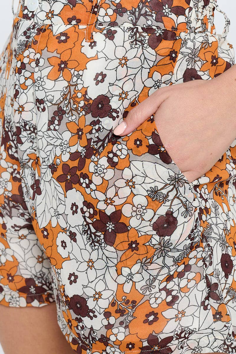 Brown Floral Vintage Print Shorts