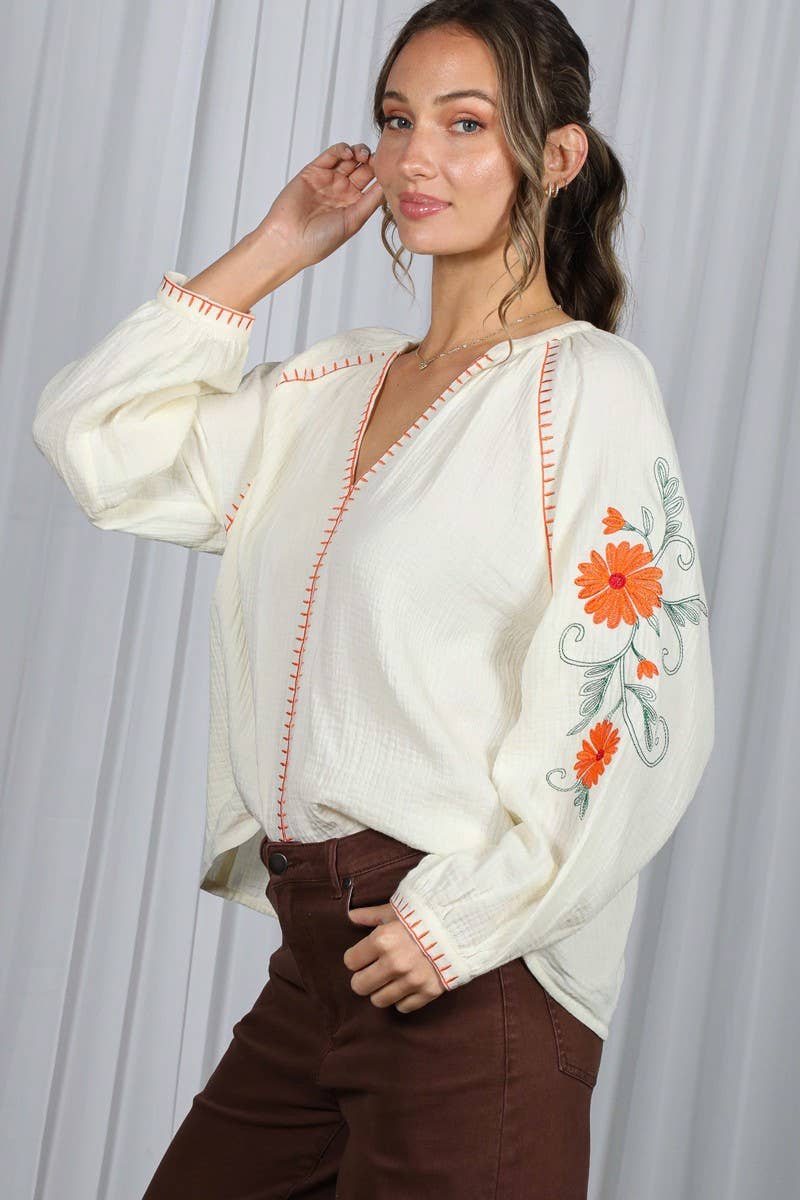 Floral Embroidered Gauze Blouse