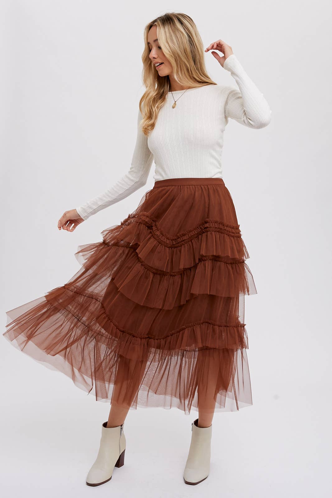 Tiered Ruffled Tulle Midi Skirt