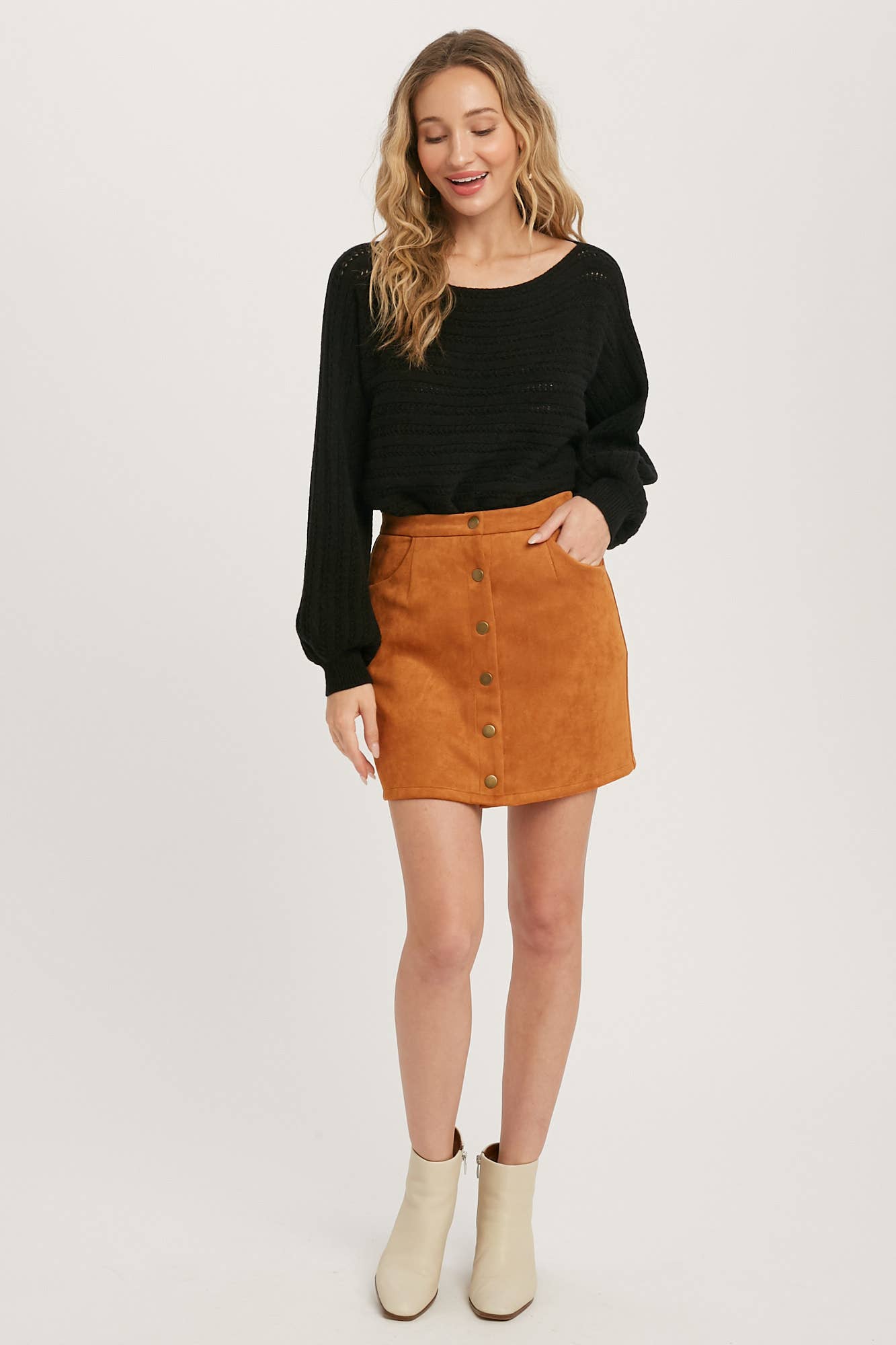 Button-Up Suede Mini Skirt