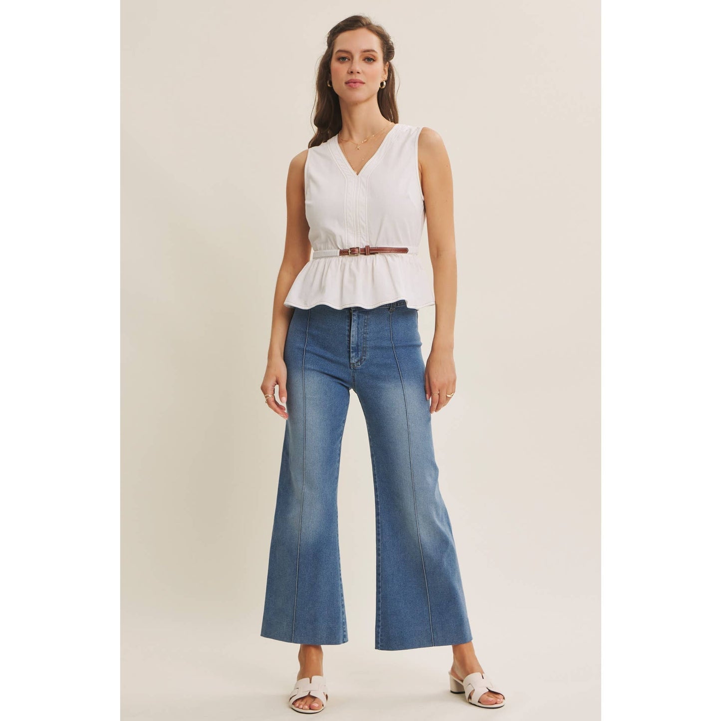 Belted Cotton Top with Contrast Stitching