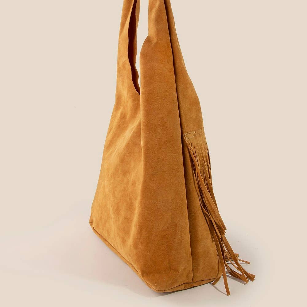 Layered Fringe Detail Suede Hobo Bag