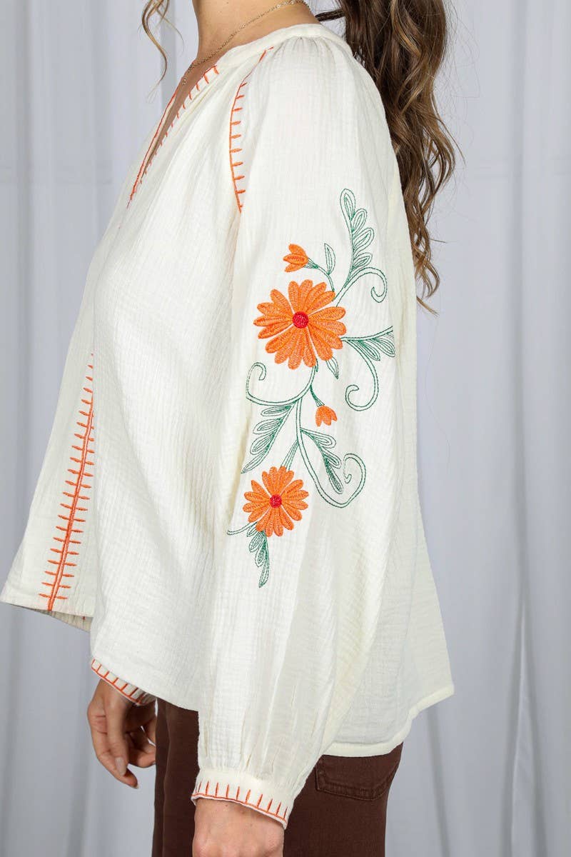 Floral Embroidered Gauze Blouse