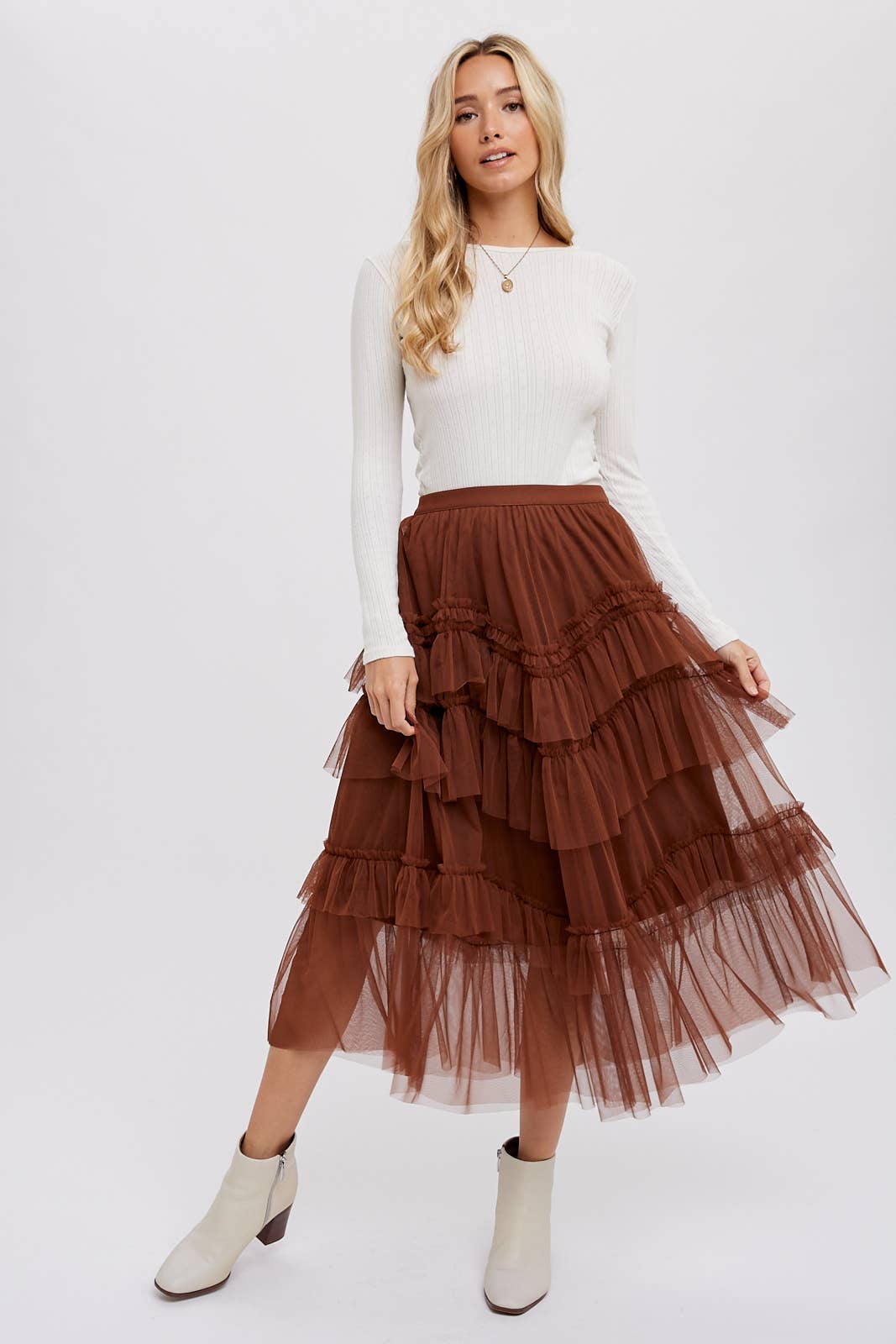 Tiered Ruffled Tulle Midi Skirt