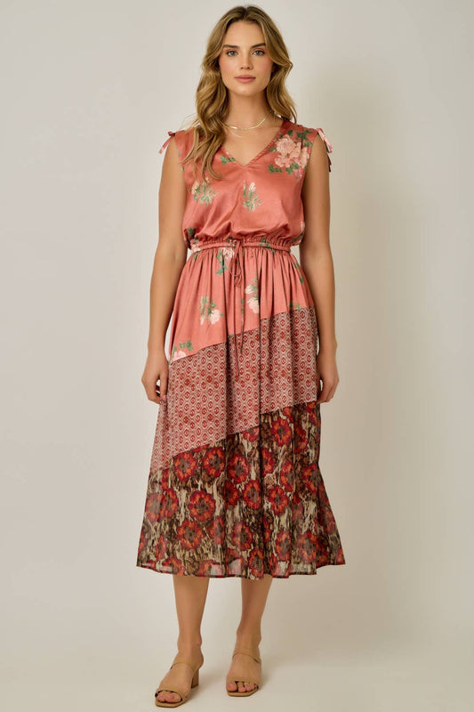 Shoulder Tie Mixed Print Dress