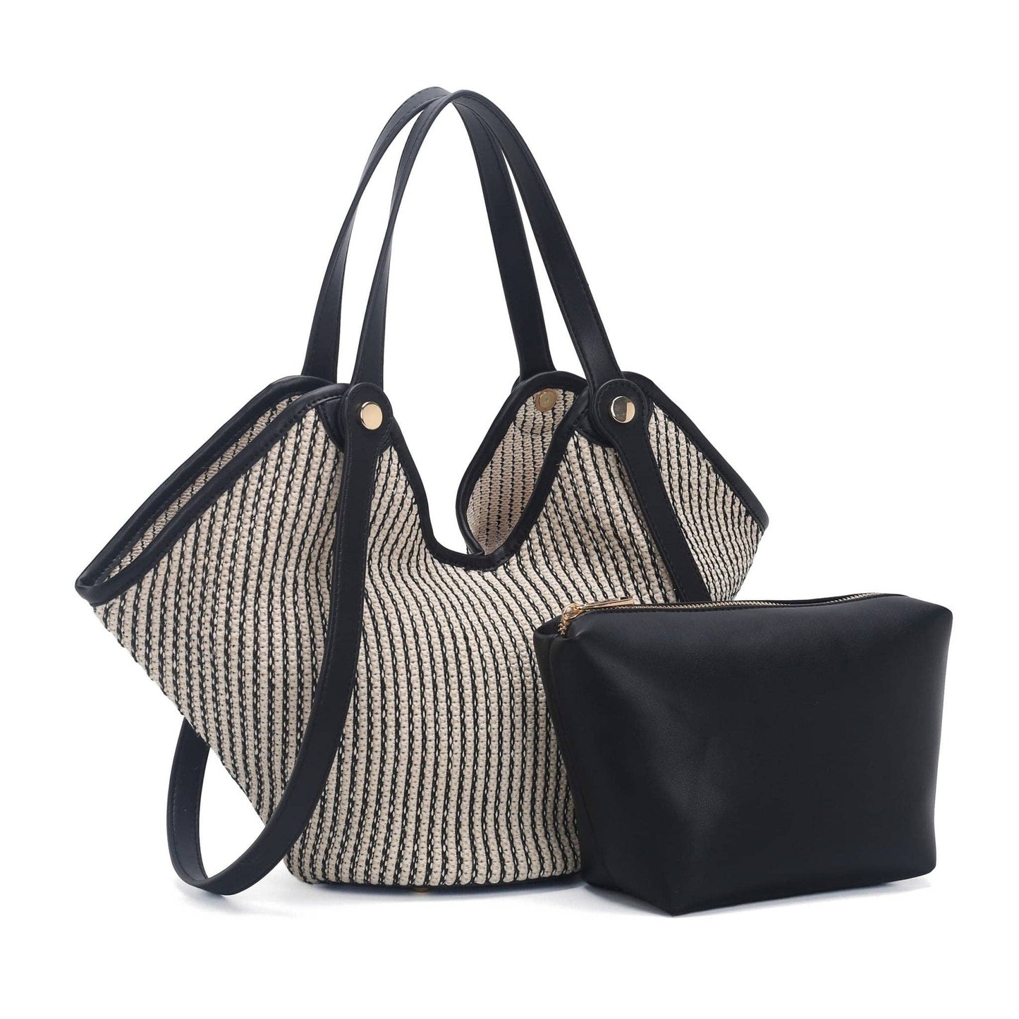 Stripe Straw Tote Bag With Pouch Set