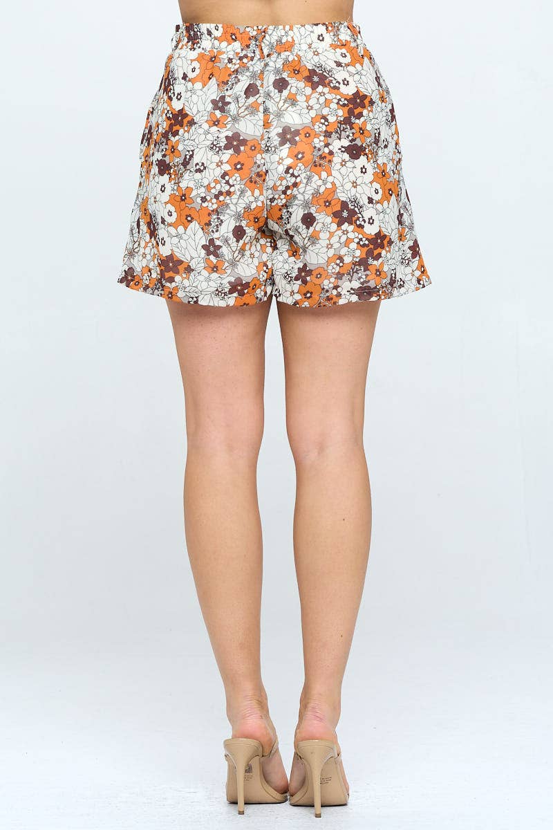 Brown Floral Vintage Print Shorts