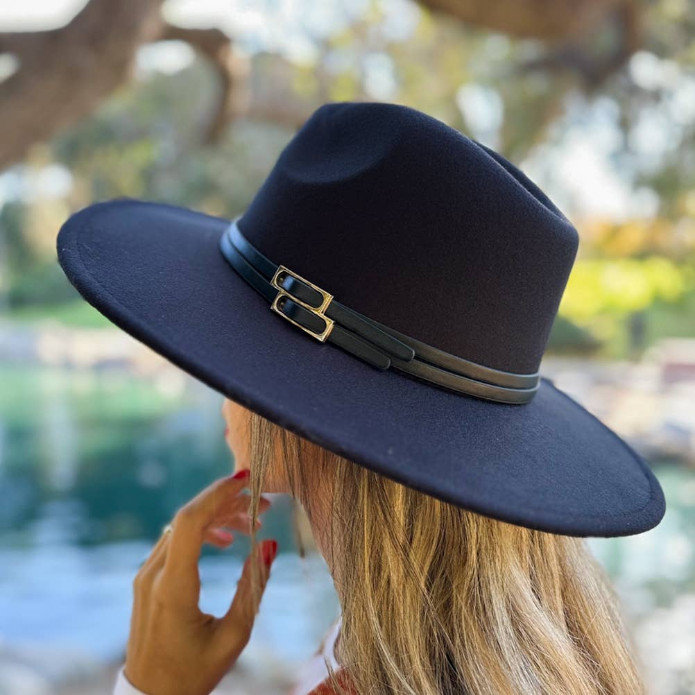 Black Fedora with Double Buckle Trim