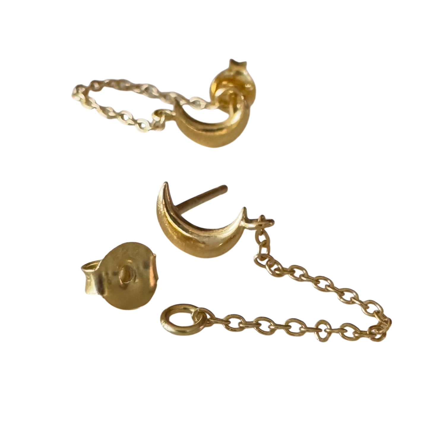 Gold moon chain stud earrings