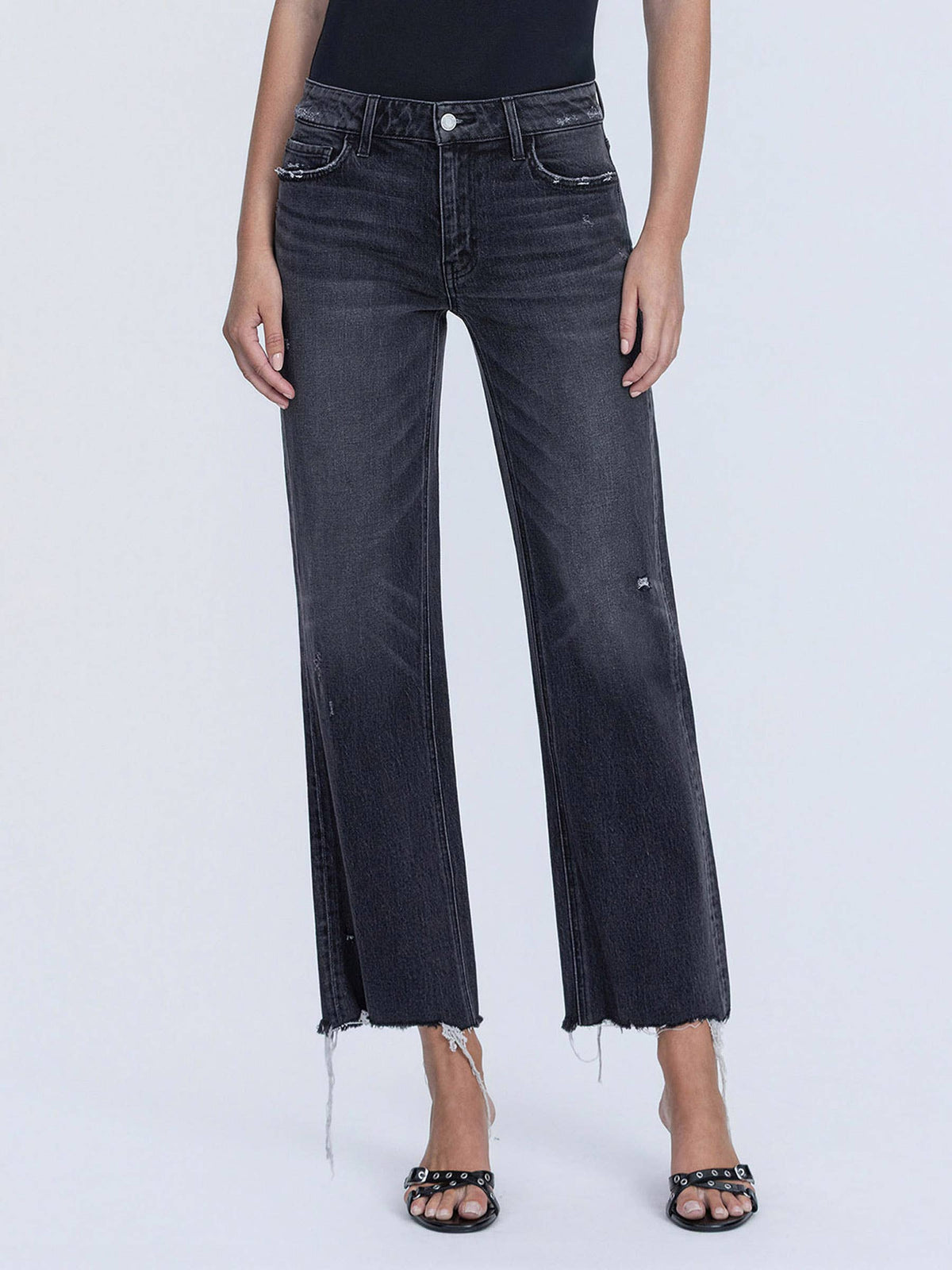 Distressed Hem Black Wide Jeans