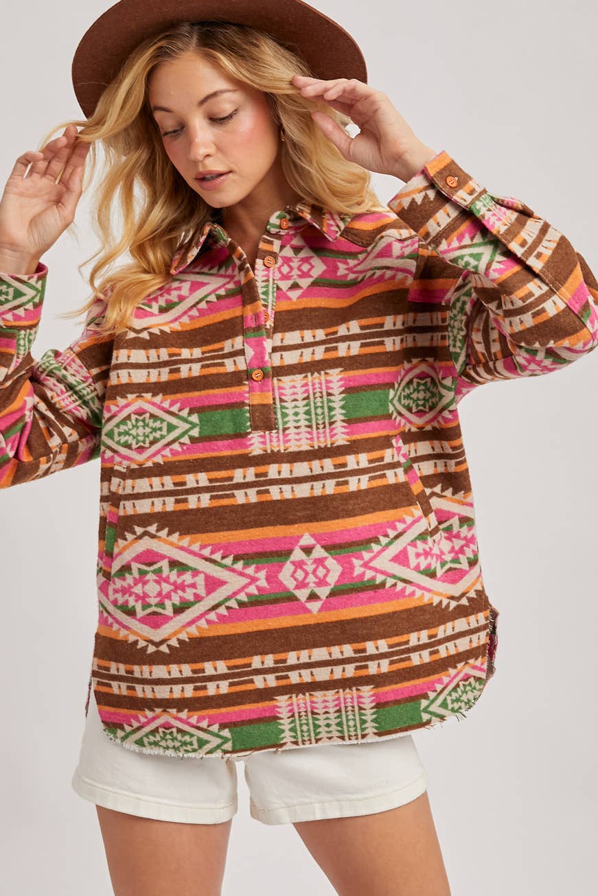 WESTERN GEOMETRIC PRINT HALF-BUTTON DOWN SHACKET PULLOVER