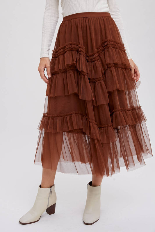 Tiered Ruffled Tulle Midi Skirt