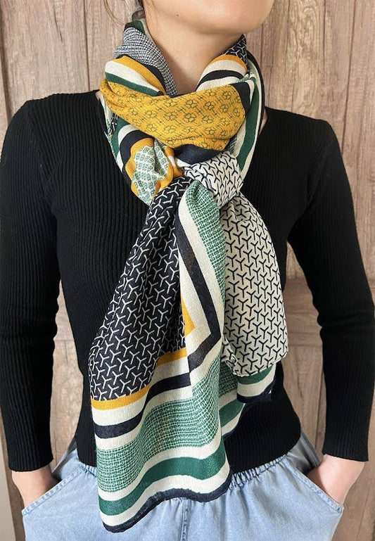 Green Multi Geometric Pattern Cotton-Wool Wrap Scarf