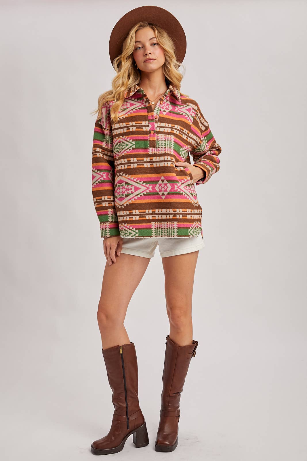 WESTERN GEOMETRIC PRINT HALF-BUTTON DOWN SHACKET PULLOVER